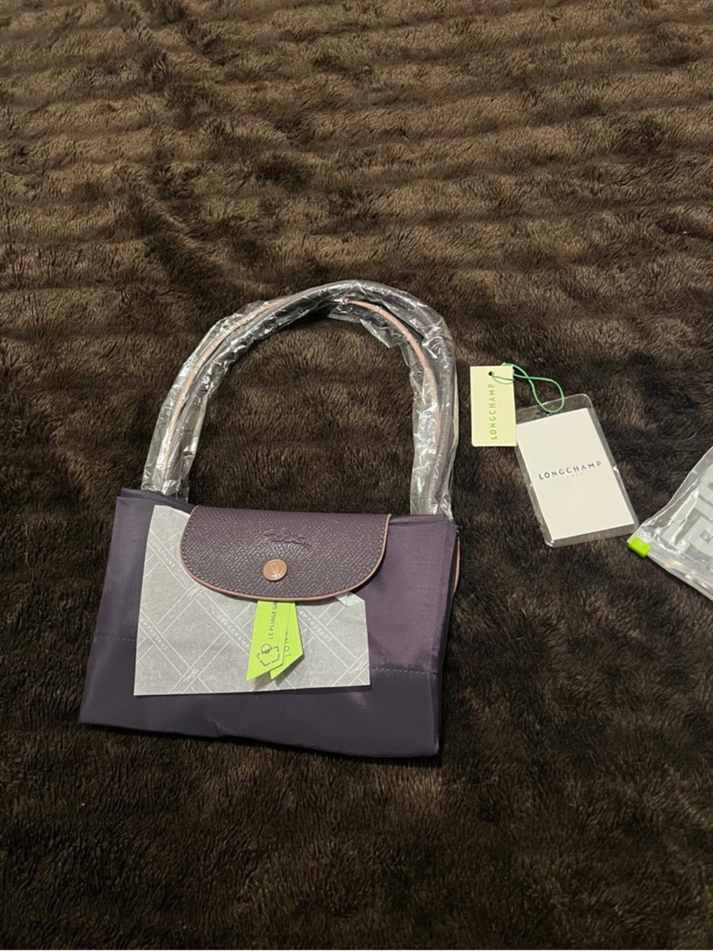 Longchamp Small Le Pliage Tote in Plum with Brown Trim